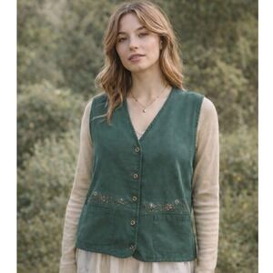 Vintage Napa Valley Green Embroidered Vest Size S Cottagecore Button Front Boho